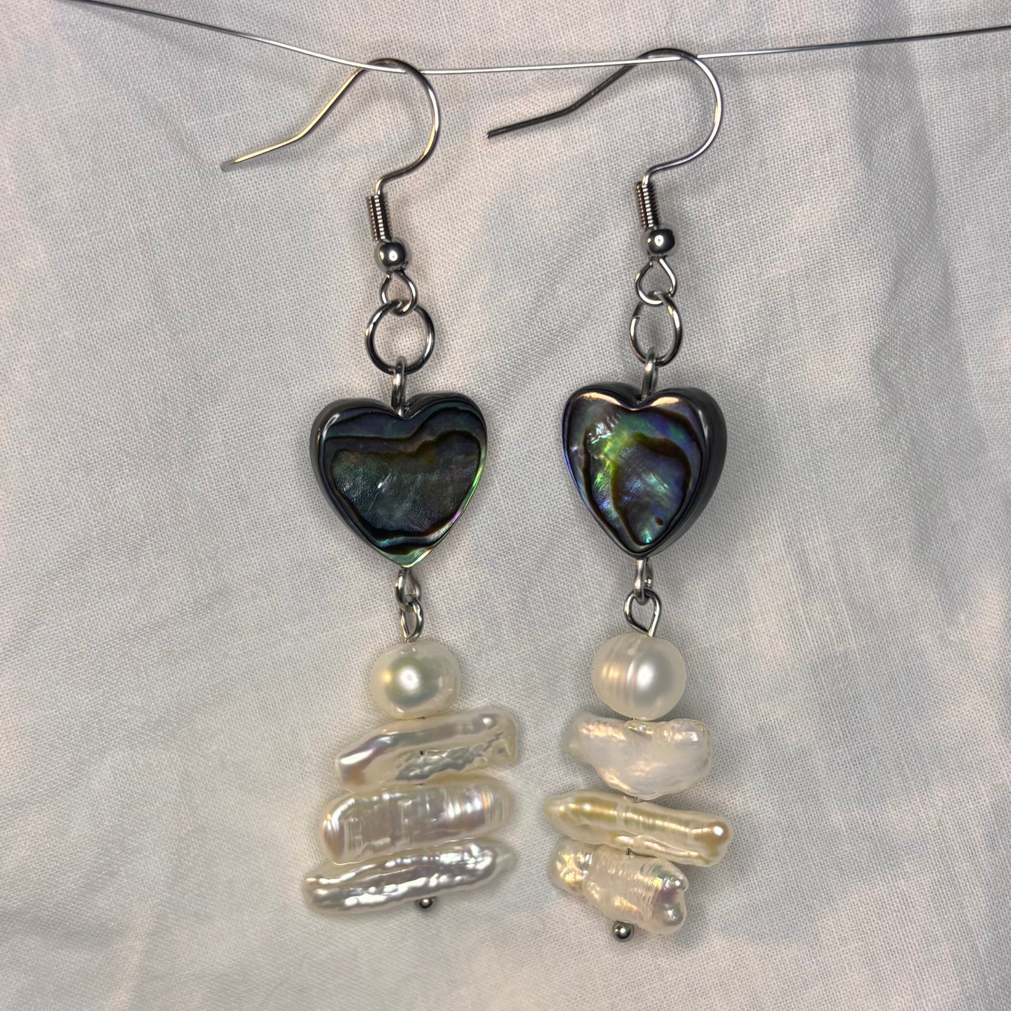 pearl stack and abalone heart earrings