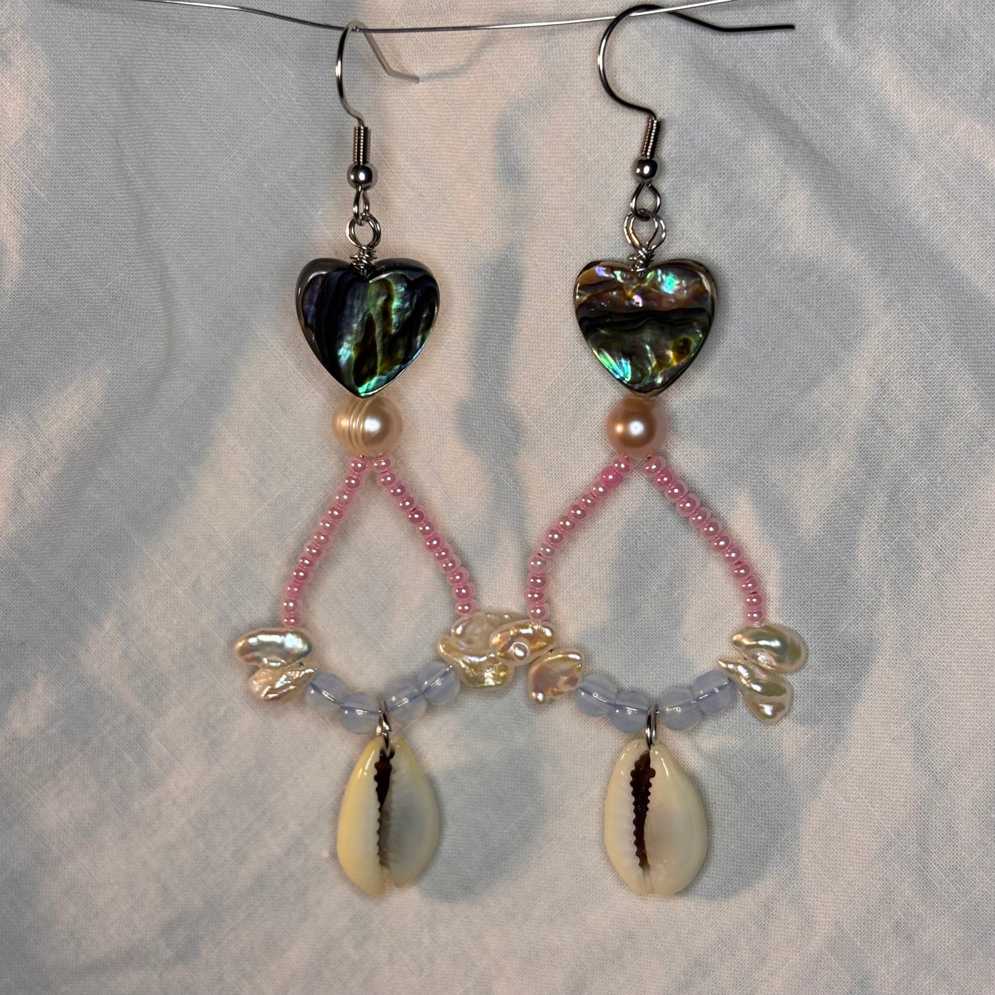 abalone heart, pearls, and beaded loop earrings
