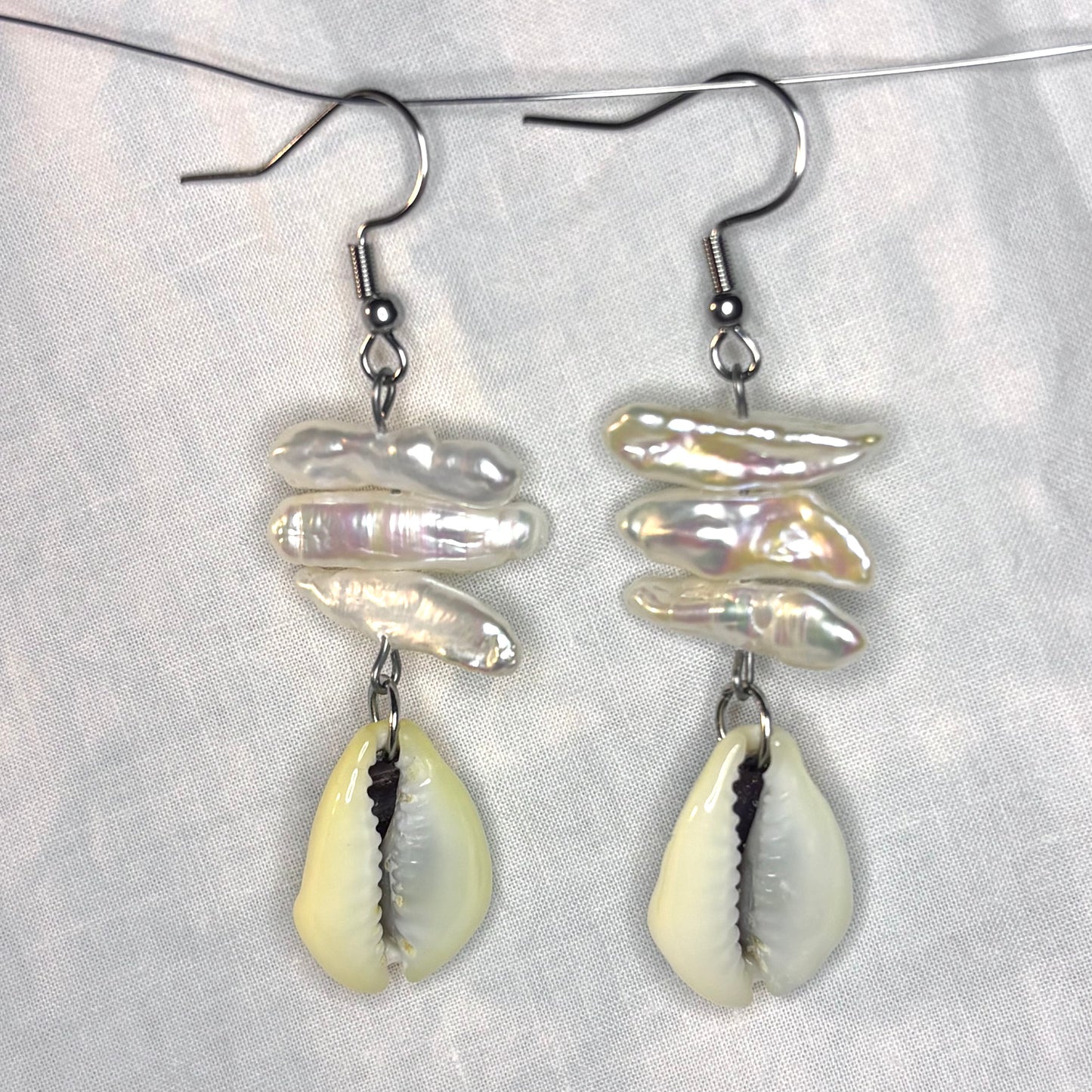 pearl stack and cowrie earrings