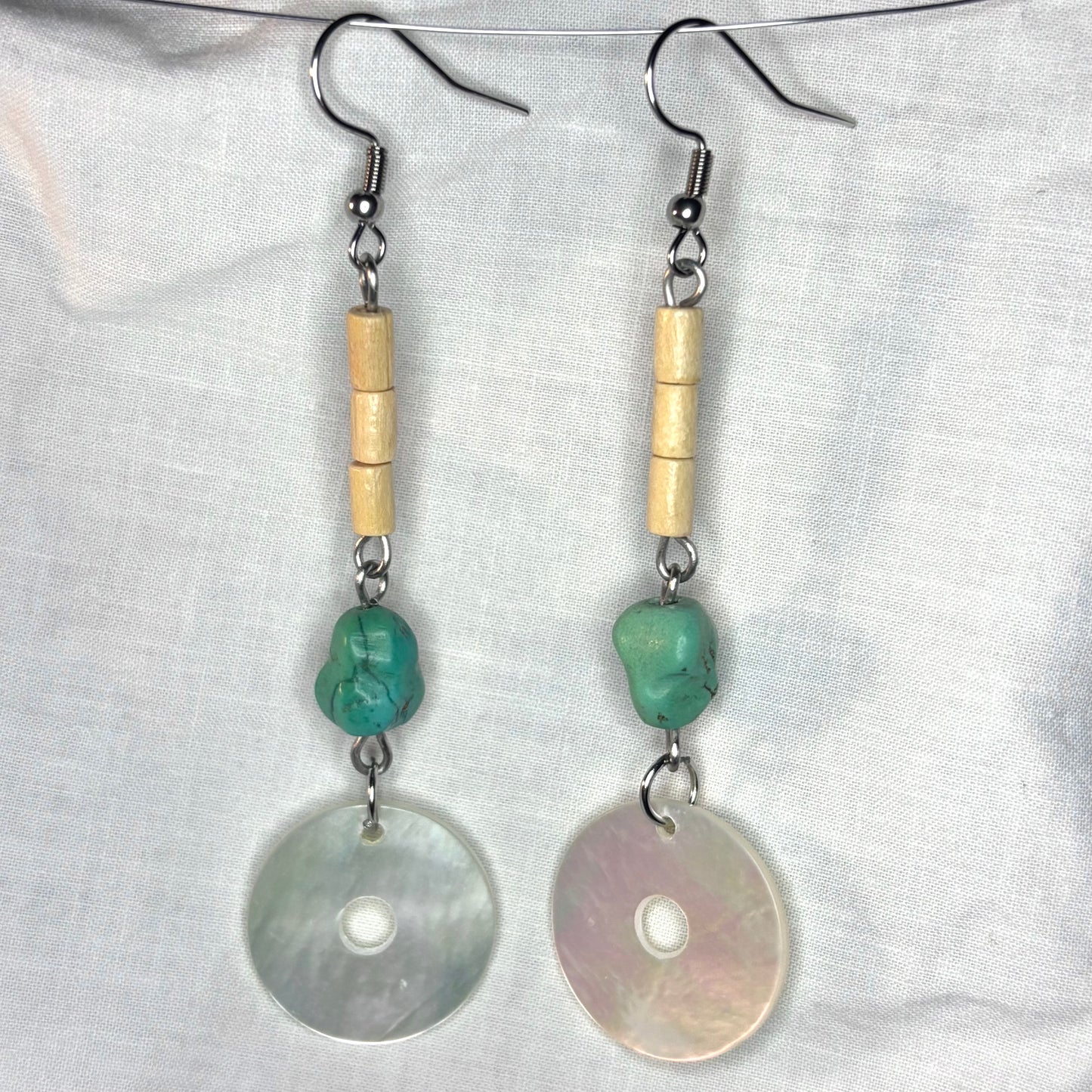 wood, stone, and donut shell disk earrings