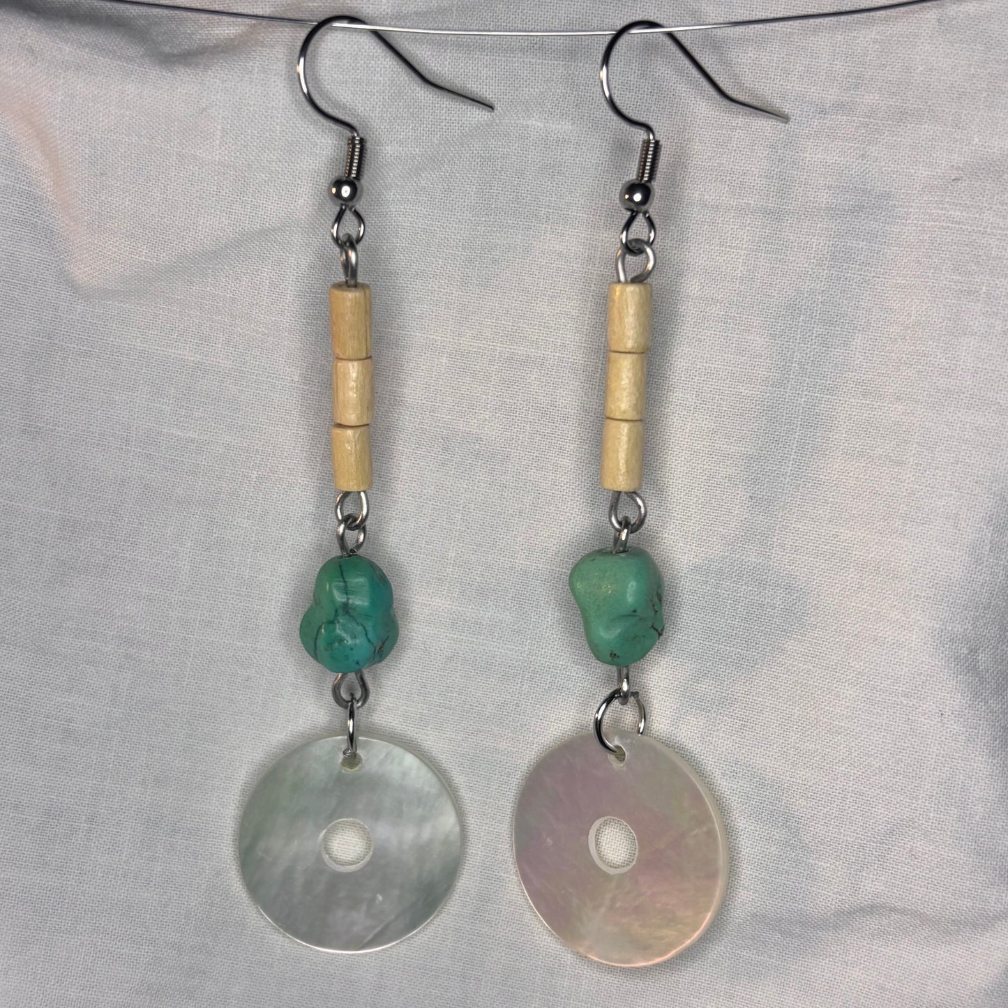 wood, stone, and donut shell disk earrings