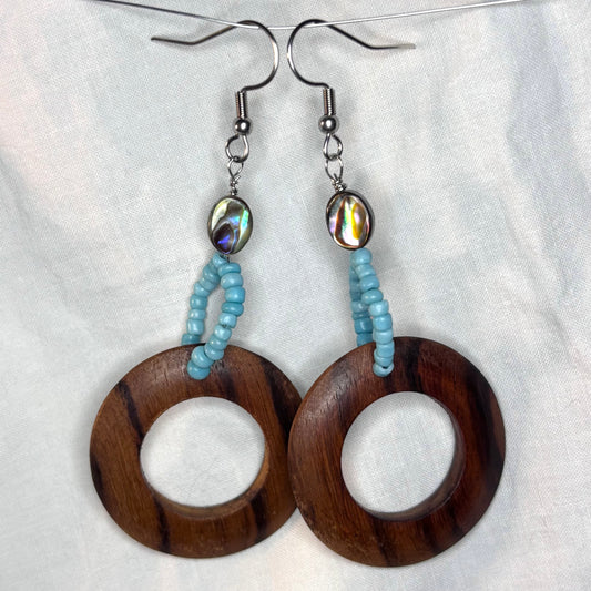 wood hoop, abalone, and blue beaded earrings