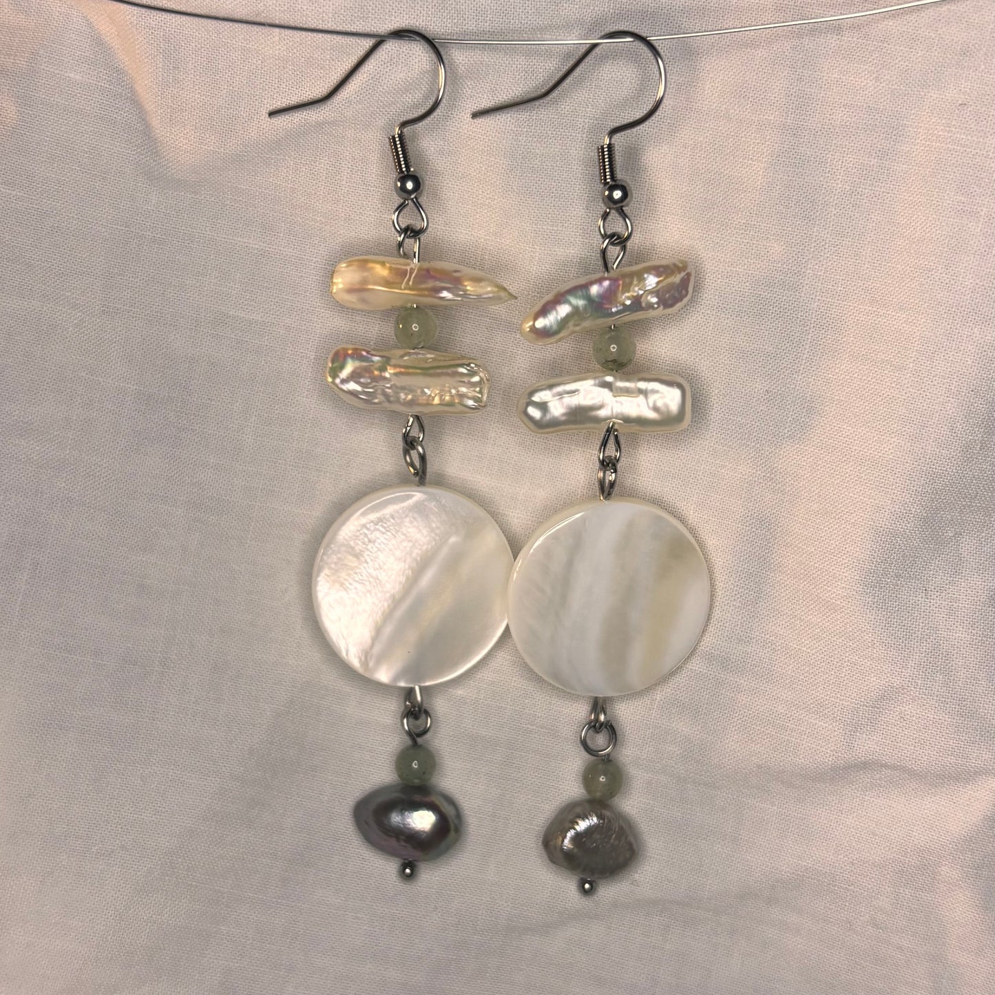 pearl, labradorite, and shell disk earrings