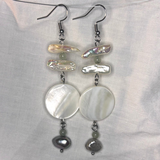 pearl, labradorite, and shell disk earrings