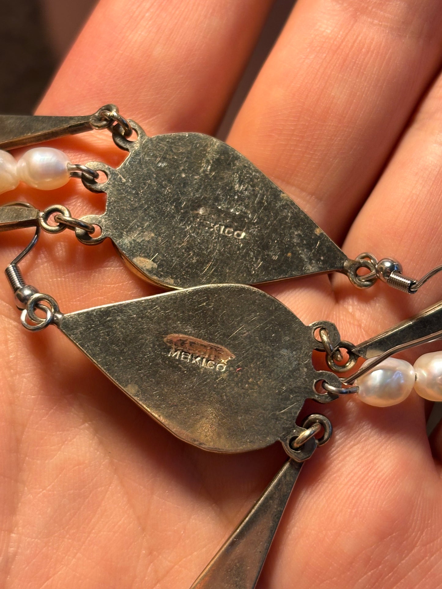 floral alpaca inlay and pearl earrings