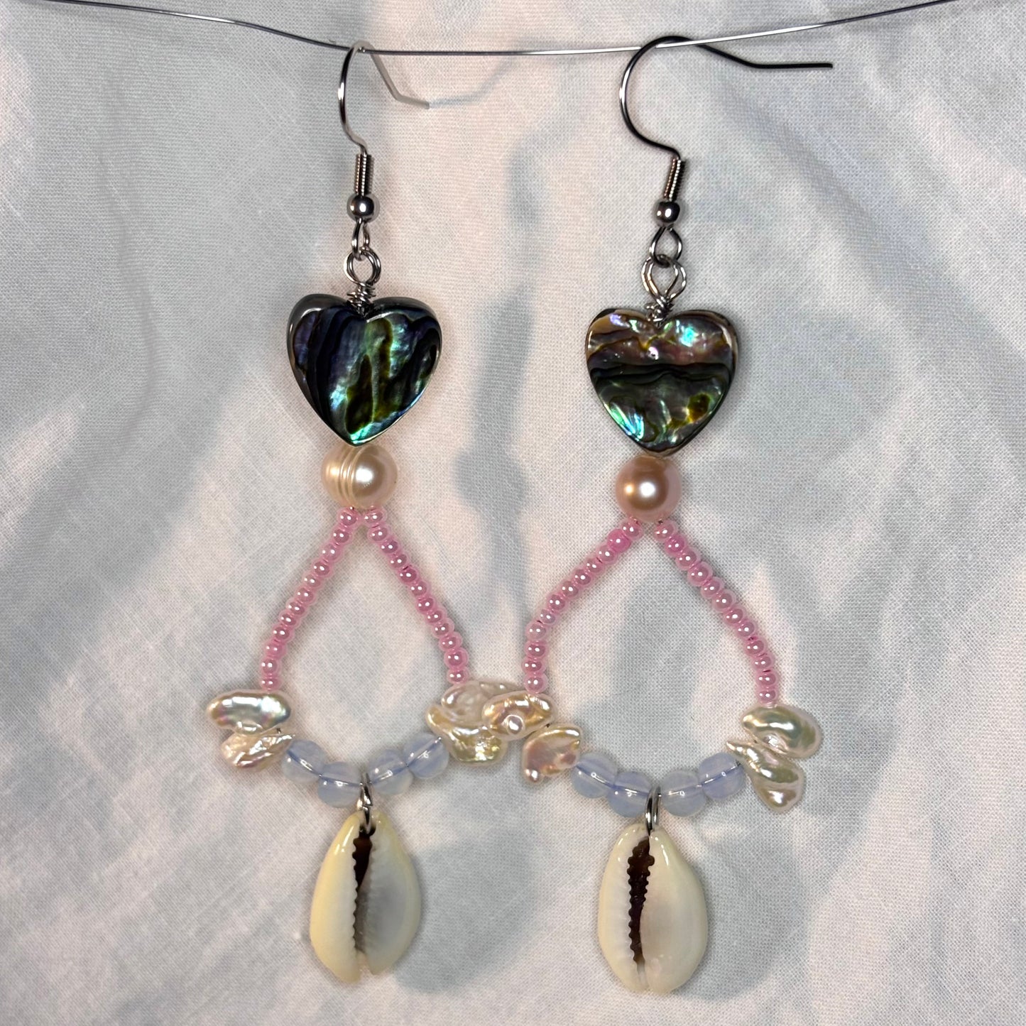 abalone heart, pearls, and beaded loop earrings