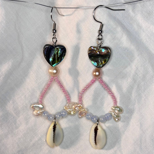 abalone heart, pearls, and beaded loop earrings