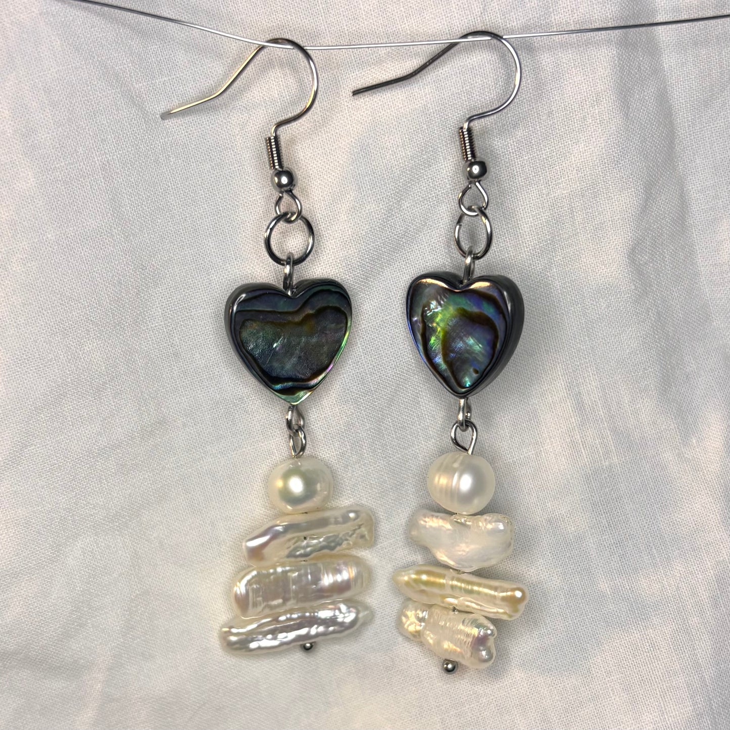 pearl stack and abalone heart earrings