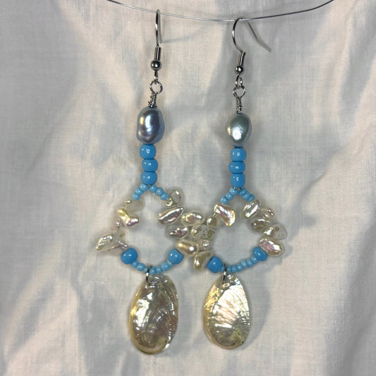 pearl, abalone, and blue glass beaded loop earrings