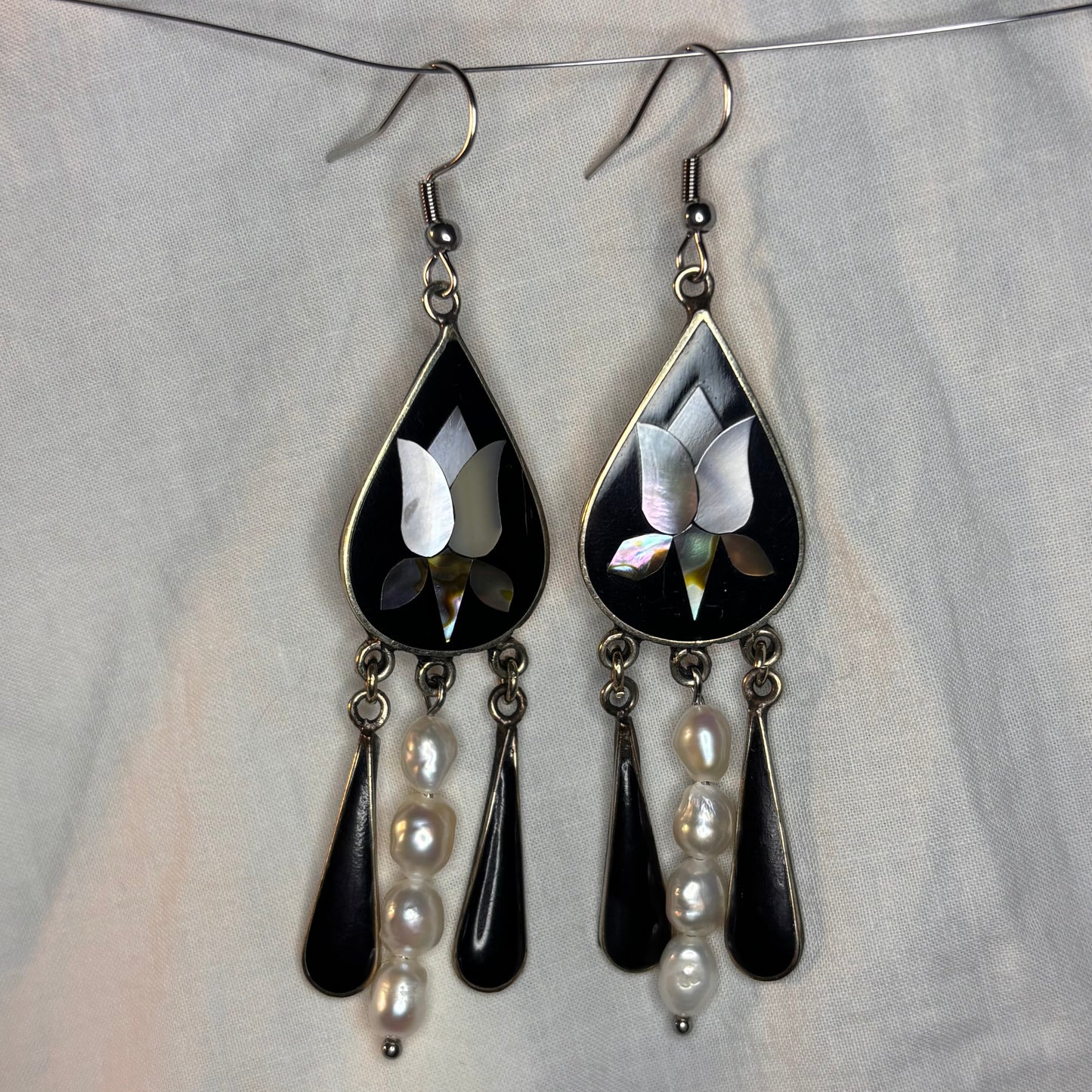 floral alpaca inlay and pearl earrings