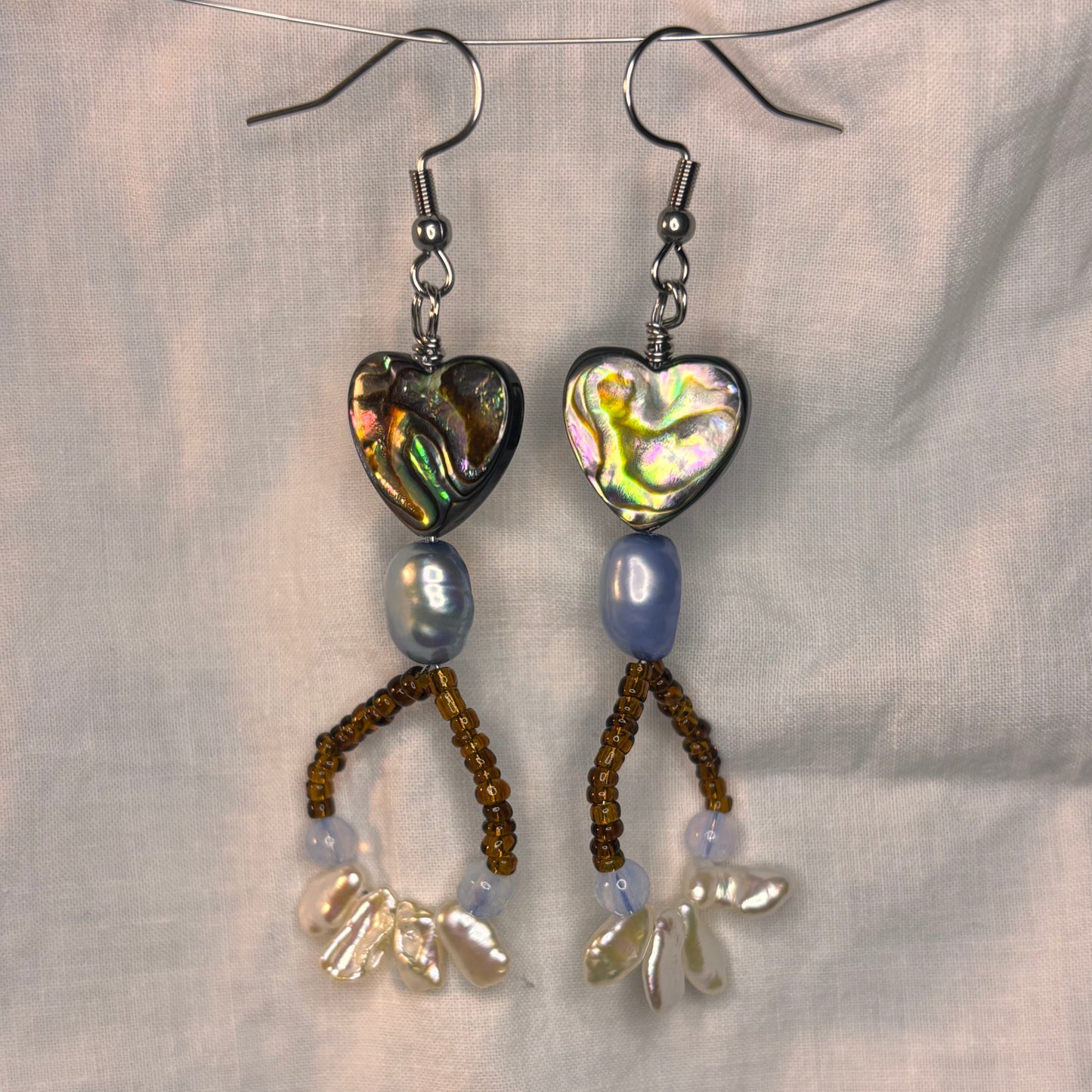 abalone, pearl, and beaded loop earrings