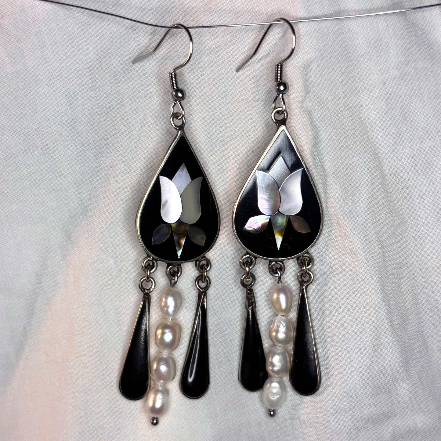 floral alpaca inlay and pearl earrings