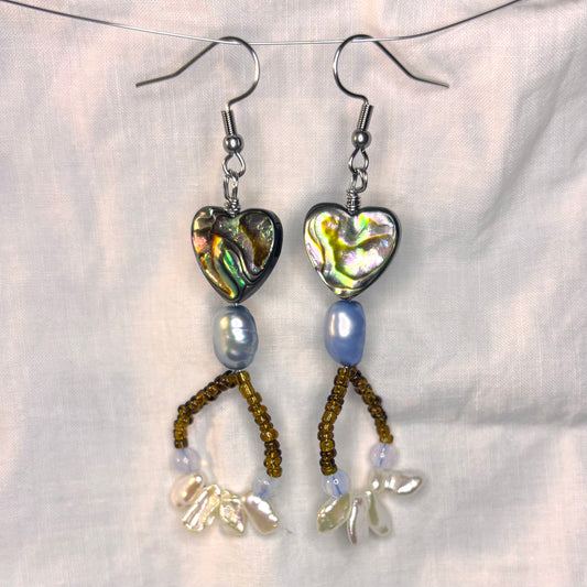 abalone, pearl, and beaded loop earrings